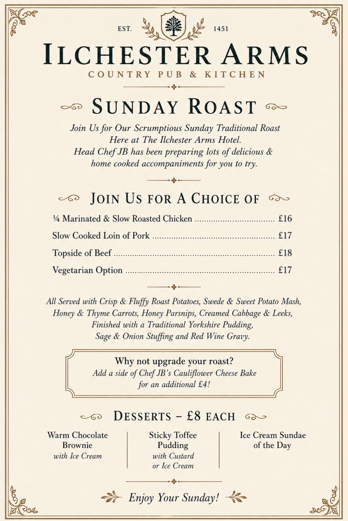 The Ilchester Arms Sunday roast menu — chicken, pork, beef, vegetarian, trimmings and desserts