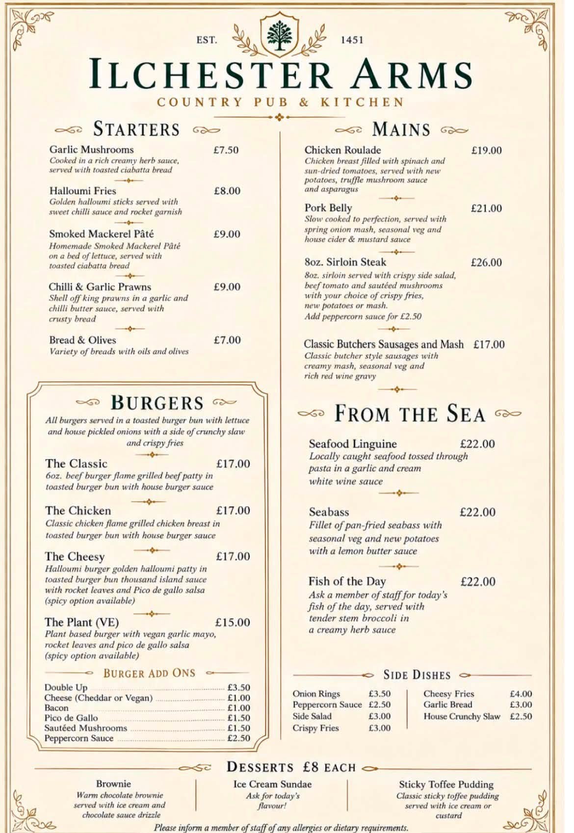 The Ilchester Arms dinner menu — starters, mains, burgers, from the sea, sides and desserts
