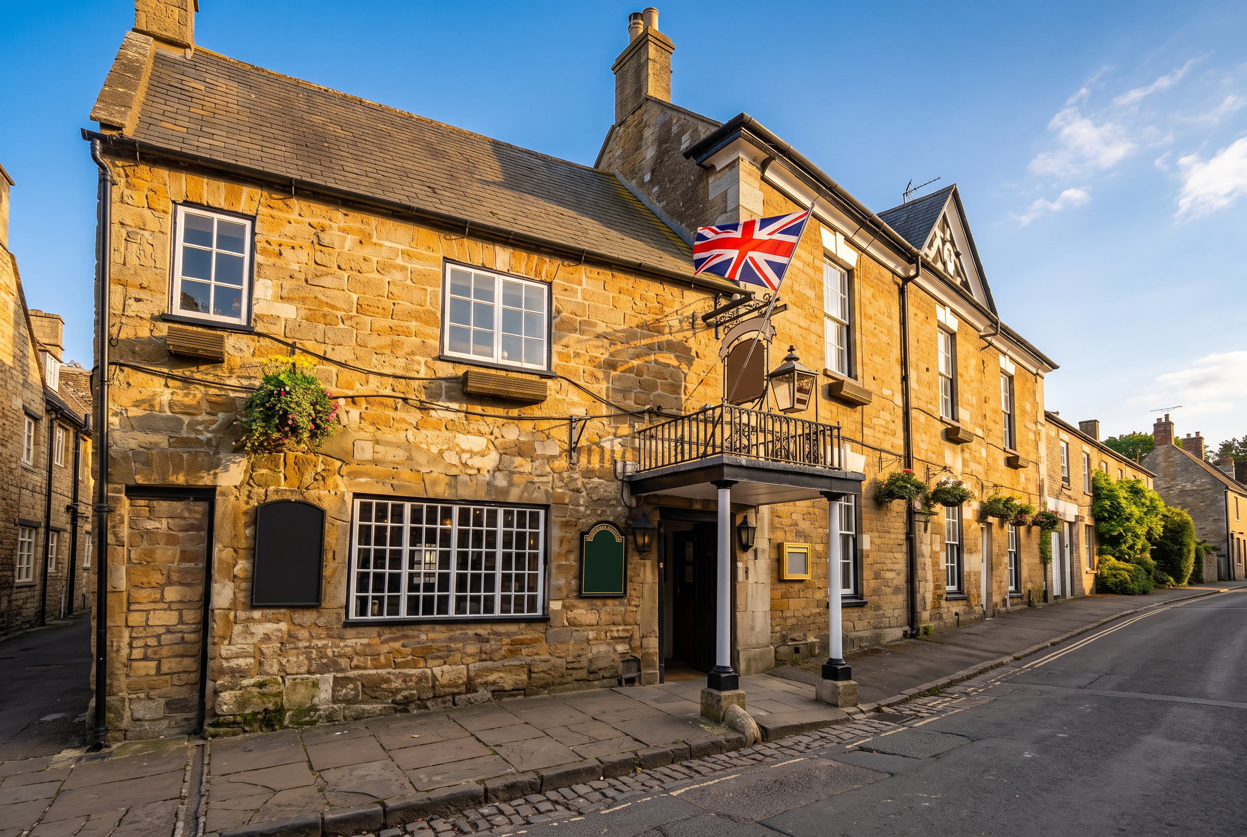 The Ilchester Arms in Abbotsbury at golden hour, honey-coloured stone walls and hanging lanterns